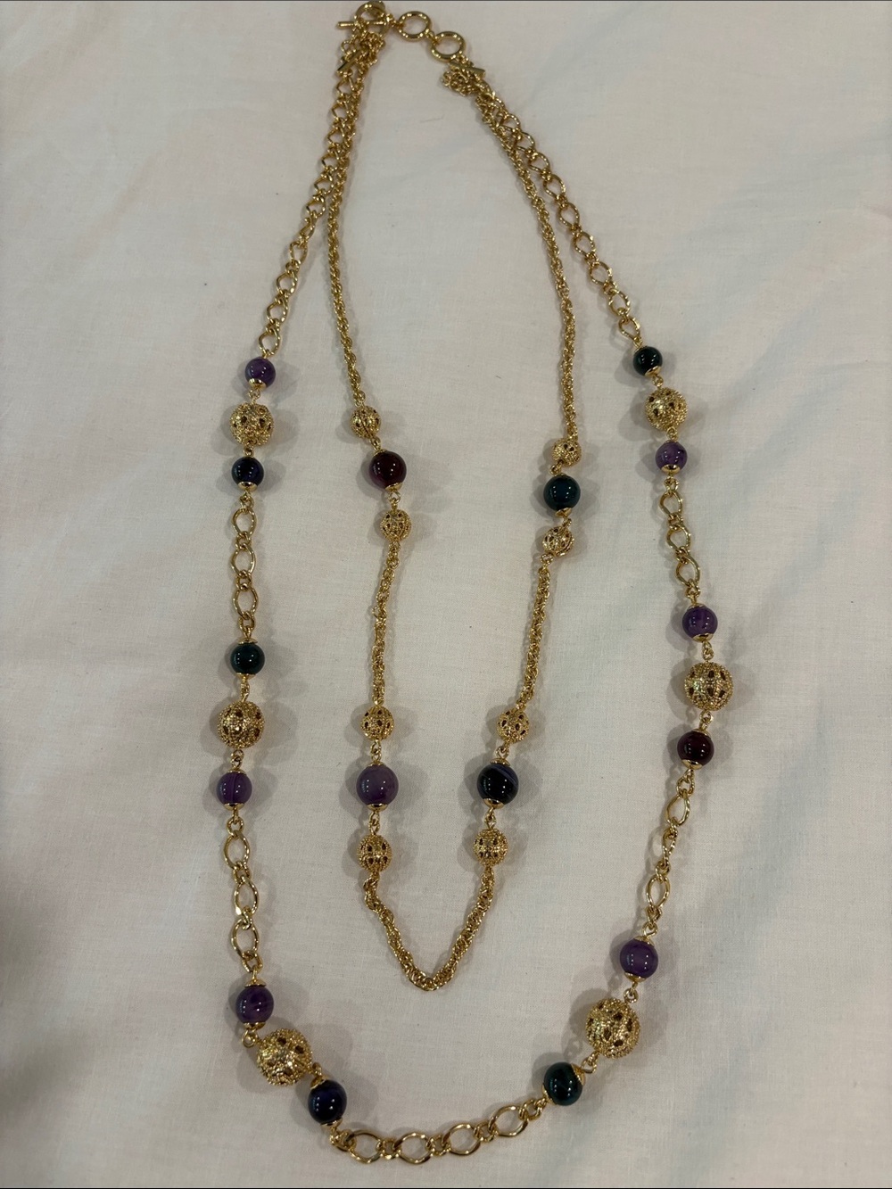 Talbots Gold-Tone Long Necklace with Purple and Blue Beads
